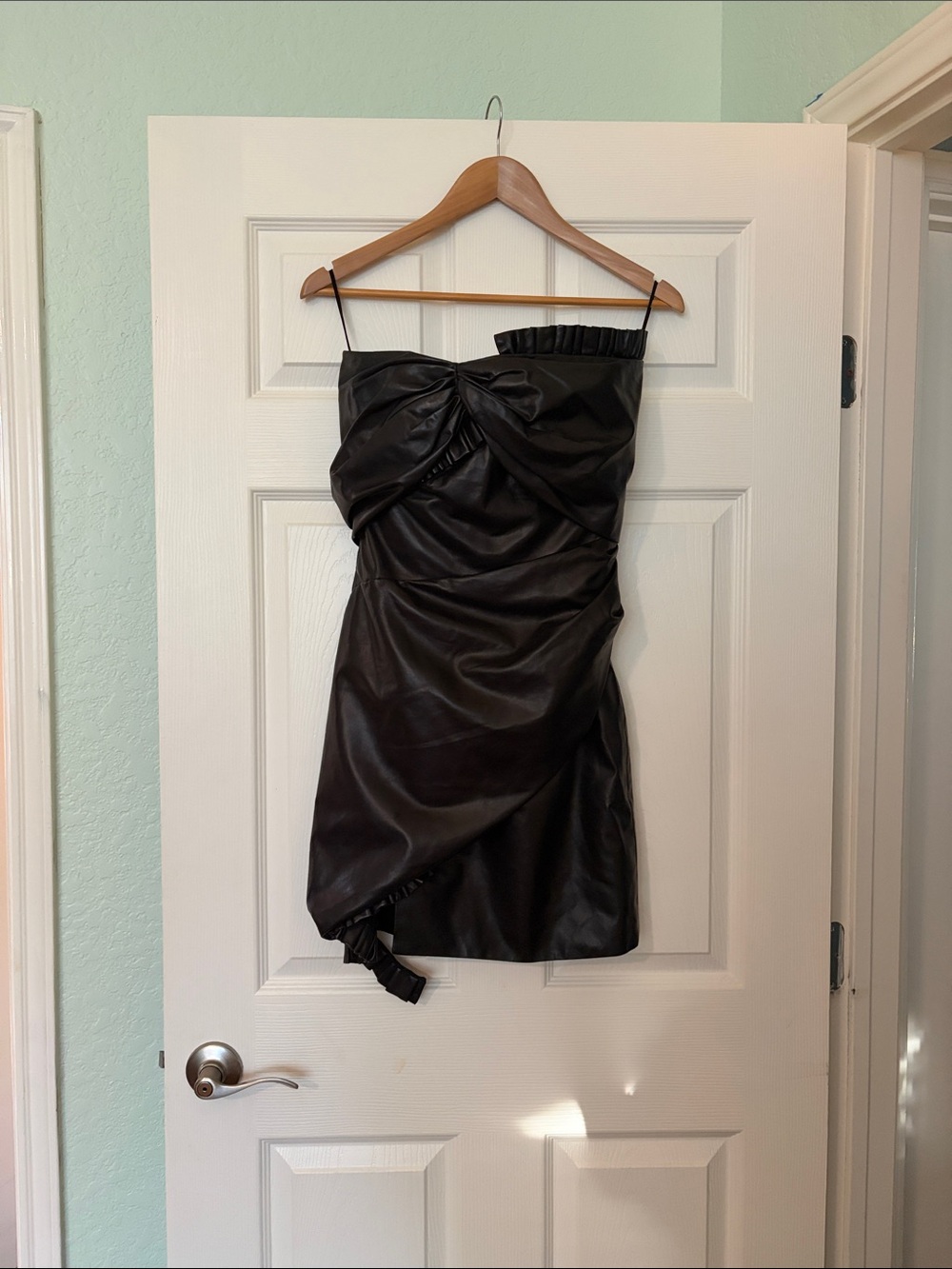 Versace Black Strapless  Leather Mini Dress with Twist Front